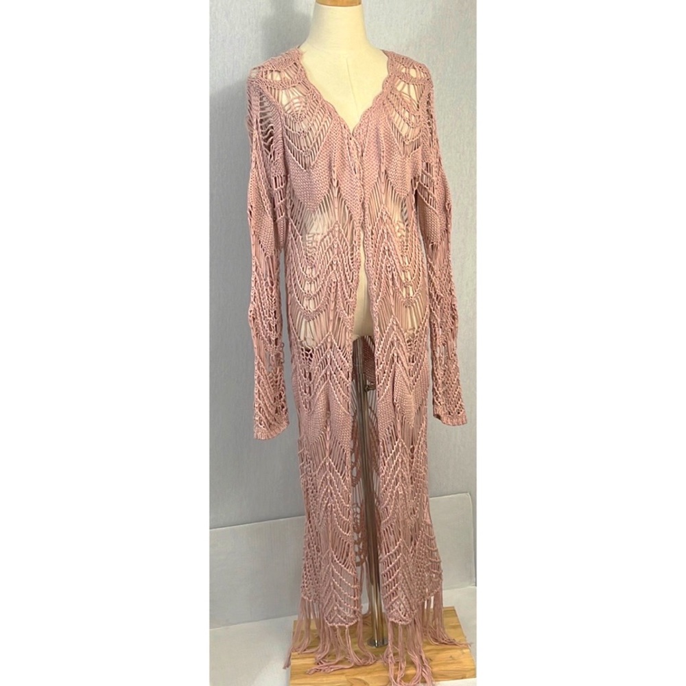 Anthropologie crochet blush pink full length open duster w fringe hem by Oliver
